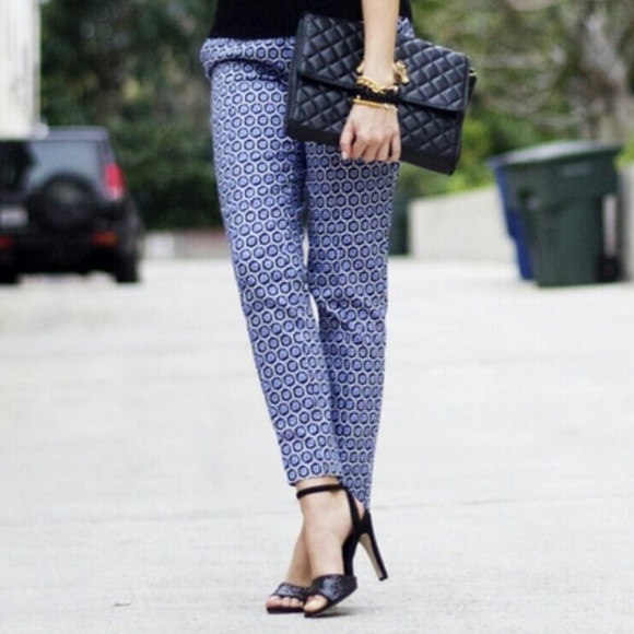 H&M Blue‎ Geometric Cigarette Ankle Crop Pants Sz 6 - Picture 1 of 9
